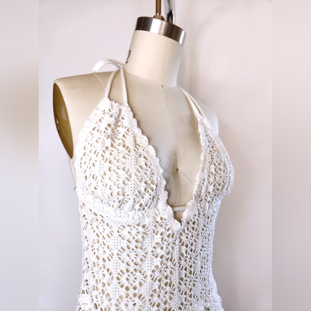Free People Lace Ivory Jumpsuit Halter See Through Pockets Wide Legs w/ Slits S - Picture 5 of 15
